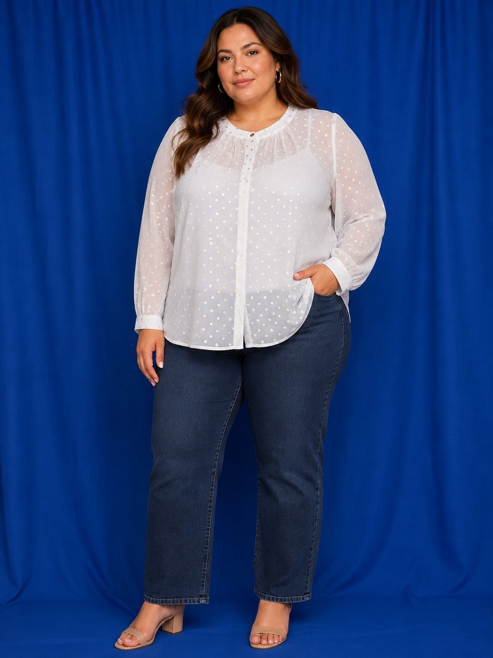 Liz Claiborne Career White Polka Dot Sheer Blouse With Attached Tank Size Large
